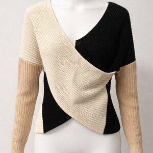 Women’s Colorblock Knit Sweater Black Cream Tan V-Neck Long Sleeve Top
